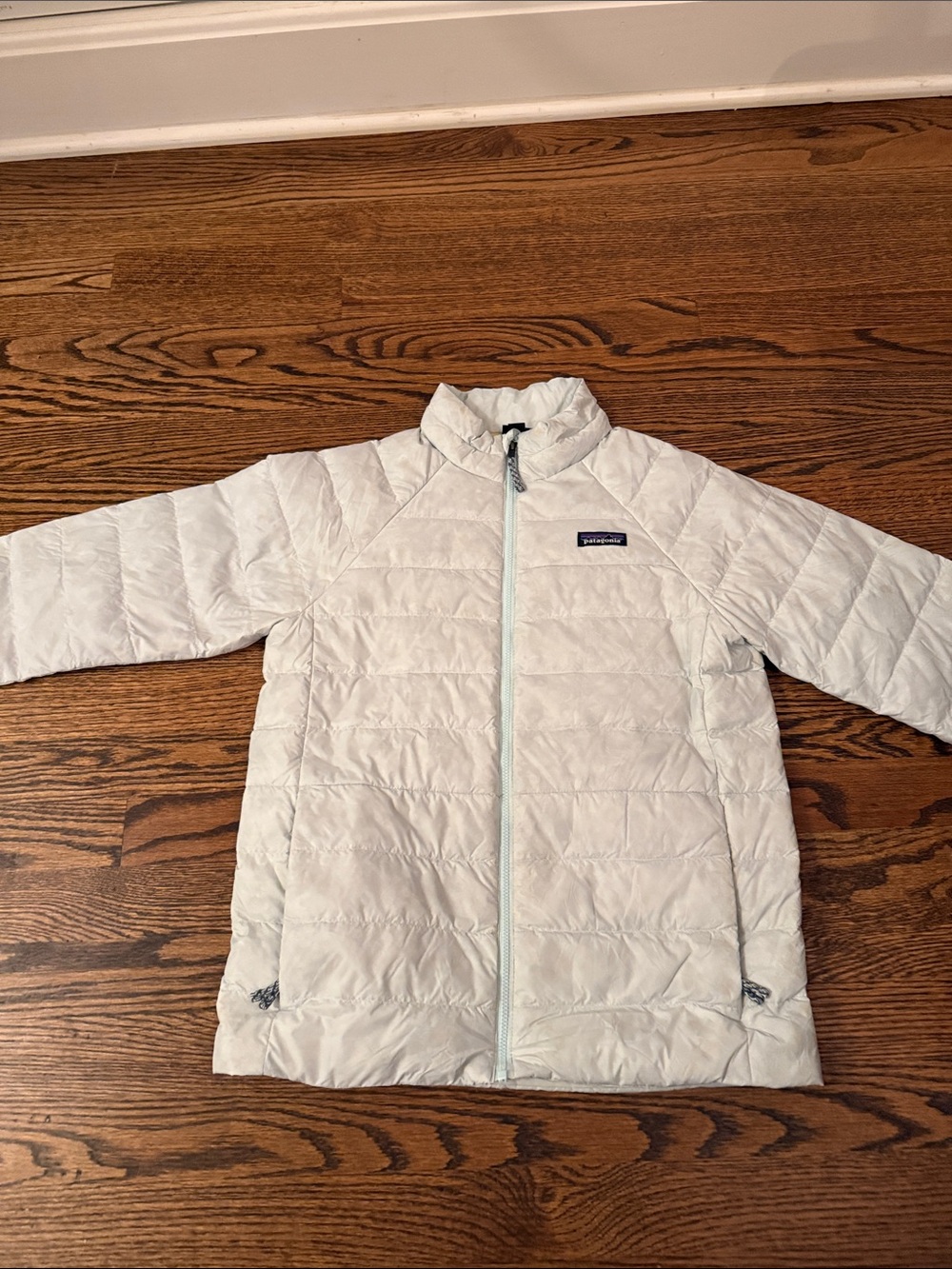 Patagonia Kids Light Gray Quilted Puffer Jacket, yellow inside.
